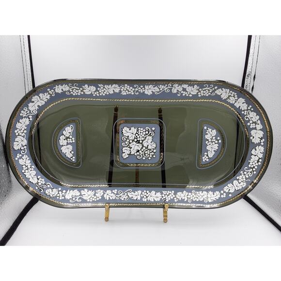 Smoky Glass Tray Plate With White & Gold Accent Console Dish Serving Platter - Picture 5 of 12